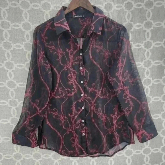 David cline Printed Button Up‎ Long sleeve See Through Women's Shirt M - Picture 1 of 9